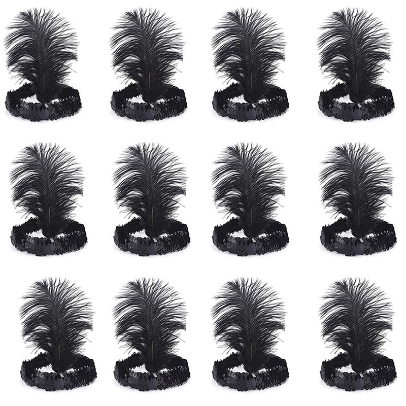 CYIWHI Sequins Feather Headpiece 1920s Mardi Gras Carnival Party Accessory Party Feather Headband 12pcs (All black) - Image 1